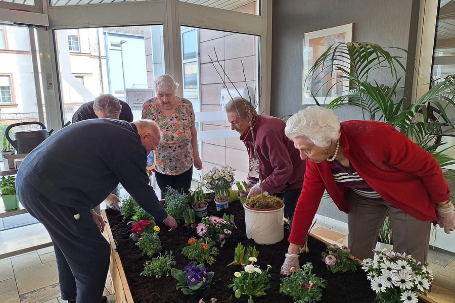 Mehrere Personen pflanzen bunte Blumen in einem großen, rechteckigen Pflanzbeet in einem hellen Raum mit großen Fenstern.