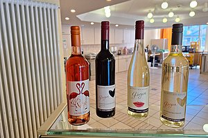 Verschiedene Weine auf einem Tisch: Rosé, Rotwein, Weißwein und ein fruchtiger Wein.