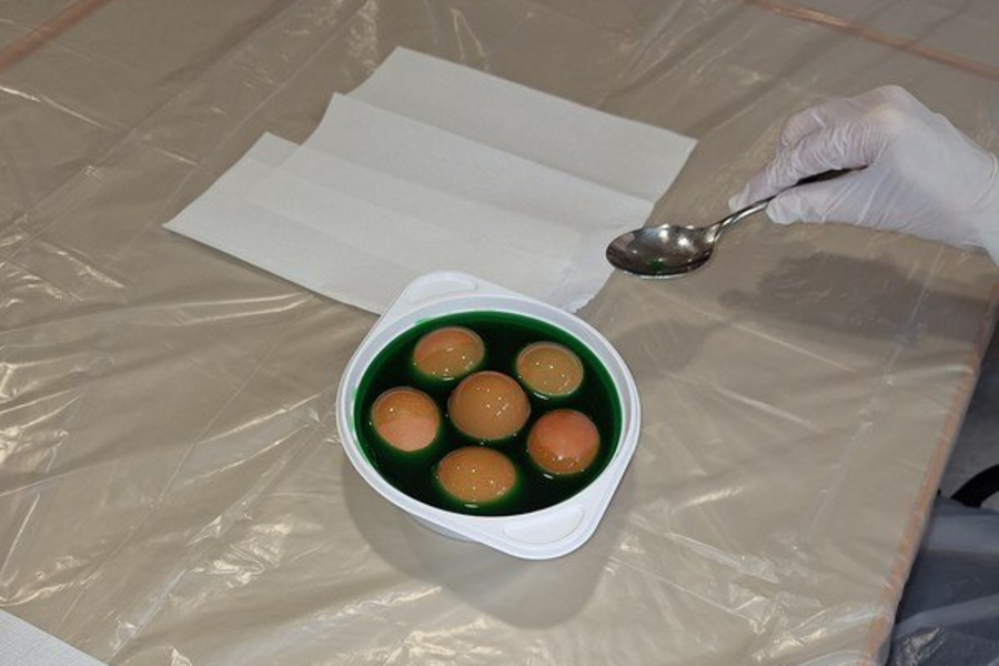 Sechs runde, orangefarbene Objekte in einer weißen Schale mit grünem Inhalt auf einem Tisch, zwei Hände mit weißen Handschuhen, eine hält einen Löffel.