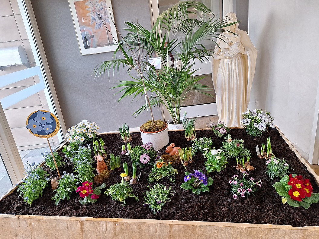 Beet mit verschiedenen blühenden Pflanzen und einer großen Topfpflanze, daneben eine weiße Statue in einem Innenraum.