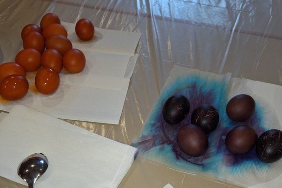 Mehrere Gruppen von Eiern in verschiedenen Farben liegen auf Papier, daneben ein Löffel und Servietten auf einer abgedeckten Oberfläche.