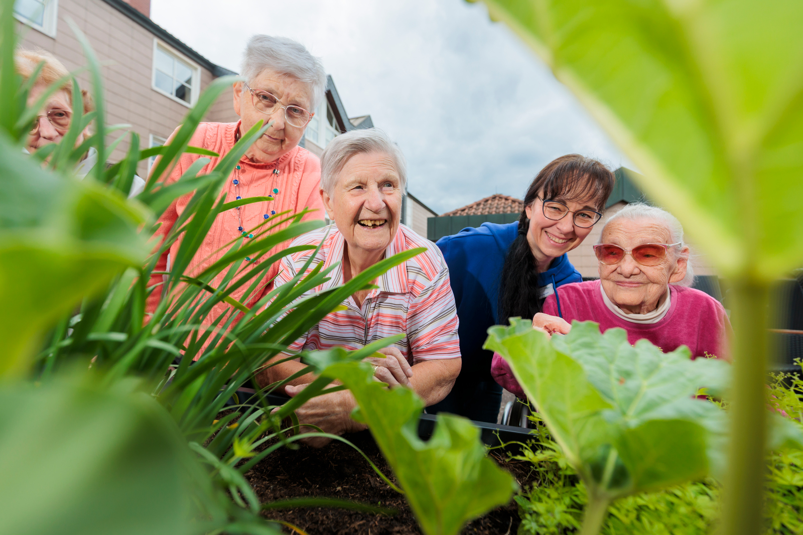 Vier ältere Menschen und eine jüngere Frau lächeln gemeinsam in einem Garten mit grünen Pflanzen